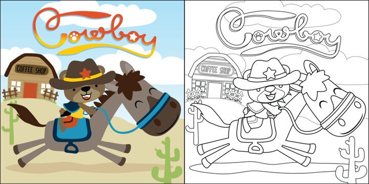 vector cartoon of little bear riding funny horse, coloring book or page