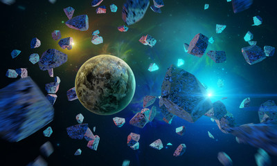 Space background. Planet in asteroids with colorful nebula. Elements furnished by NASA. 3D rendering