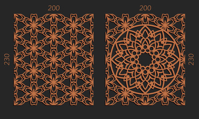 Laser cutting set. Woodcut vector trellis panels. Plywood lasercut floral design. Hexagonal seamless patterns for printing, engraving, paper cut. Stencil lattice ornaments.