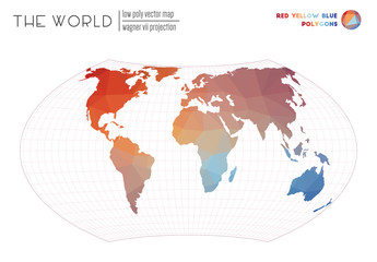 Polygonal world map. Wagner VII projection of the world. Red Yellow Blue colored polygons. Energetic vector illustration.