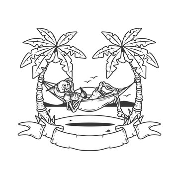 Original outline illustration of a skeleton on the beach lying in a hammock against the sea.