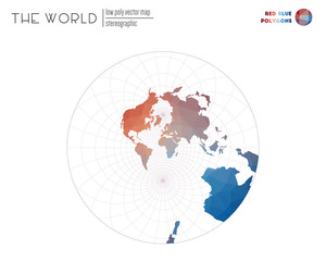 Abstract world map. Stereographic of the world. Red Blue colored polygons. Trending vector illustration.