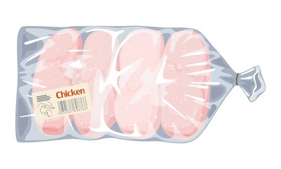 Frozen raw boneless skinless chicken breasts in plastic transparent bag. Meaty ingredients for cooking barbecue, kebab, shashlik, homemade ground meat. Vector cartoon illustration isolated on white.