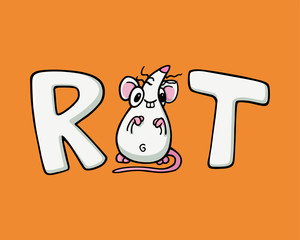 White RAT text lettering typo with a rat or mouse instead the letter A. Vector Illustration isolated on flat orange background for kids book or for chinese new year of the rat. For children