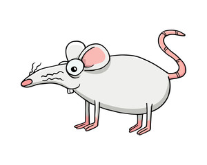 White albino rat or mouse staying on feet sideview and smiling. Illustration isolated on flat white background for kids book or for chinese new year of the rat. For children