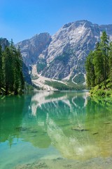 Naklejka na ściany i meble Beautiful alpine scenery - Lago di Braies (Pragser wildsee), Dolomites Italy