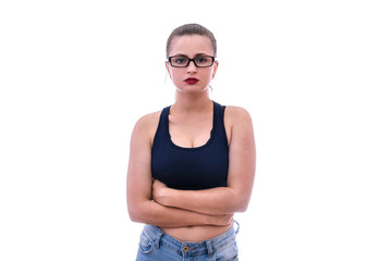 woman having a stomach ache isolated on white. Sick woman.