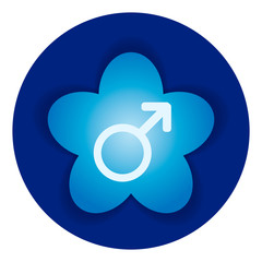 Round light icon (logo) with symbol of man gender on radial gradient flowers with shadow, blue background