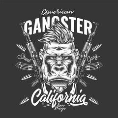Original monochrome vector illustration. Angry gorilla hipster on the background of automatic weapons and bullets. T-shirt design. © artmarsa