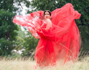 Beautiful portrait of young Asian woman in traditional Hindu red sari wedding clothes with bride dressed makeup and jewelery gorgeous brunette bride. Concept Indian costume