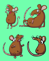 Brown rat or mouse. Set of four Vector Illustrations isolated on flat background for kids book or for chinese new year of the rat. Hand drawn pack for children