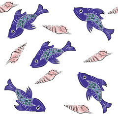 Fototapeta premium Illustration pattern on the marine theme with the image of fish, starfish and shells. Stylization of the marine world with marine inhabitants of the depths. Pattern for wrapping paper, fabric. 