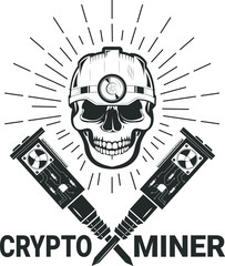 Mining cryptocurrency logo, emblem. Hammers graphics cards, the skull in the helmet. retro-style.