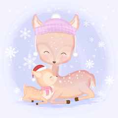 Cute baby deer and mother hand drawn Christmas season illustration