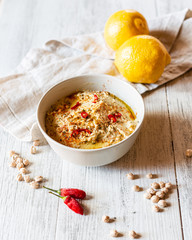 Hummus, chickpea dip, with spices. 