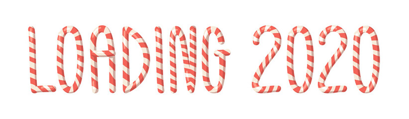 Cartoon vector illustration Christmas Candy Cane. Hand drawn font. Actual Creative Holidays sweet alphabet and word LOADING 2020