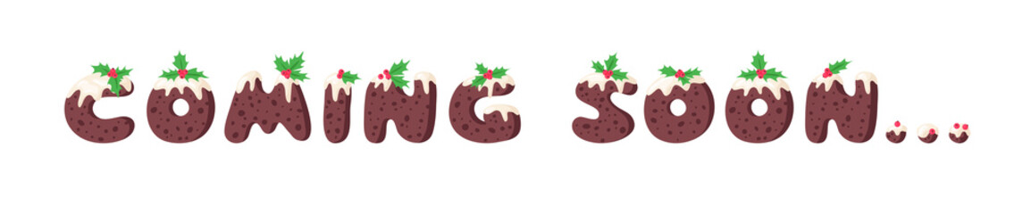 Cartoon vector illustration Christmas Pudding. Hand drawn font. Actual Creative Holidays bake alphabet and word 