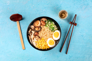 Ramen soup. Soba noodles with eggs, shiitake mushrooms, and vegetables, shot from the top with...