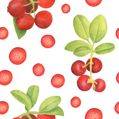 Watercolor cowberry seamless pattern. Hand drawn branches with red berries and leaves on white background. Forest plant for design, cards, invitations, wallpaper, wrapping, textile, food packaging.