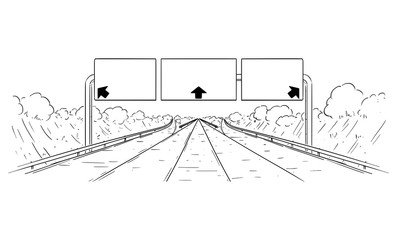 Vector cartoon black and white drawing illustration of forward going highway with branching, arrows and big empty sign.