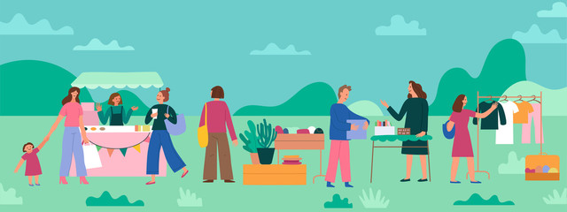 Flea market poster and banner - people buying and selling second hand clothes and things at street fair