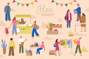 Flea market poster and banner - people buying and selling second hand clothes and things at street fair
