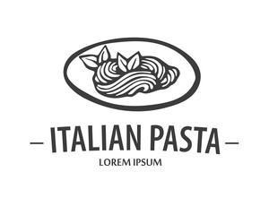 Pasta logo. Hand drawn vector illustration of plate with spaghetti. Stock vector Italian logo.