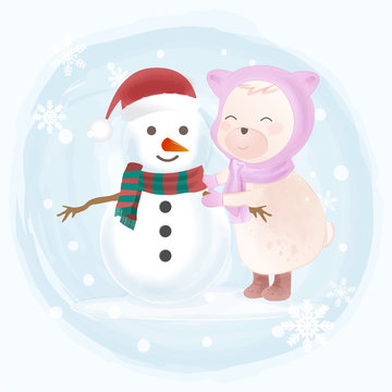 Cute bear and snowman cartoon hand drawn illustration Christmas background