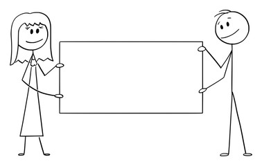 Vector cartoon stick figure drawing conceptual illustration of couple of man and woman holding big empty sign.