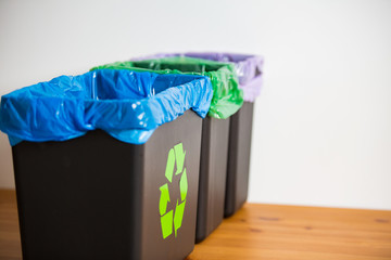 Garbage cans. Three trash bins with sorted garbage in kitchen - plastic, cardboard and bio cans....