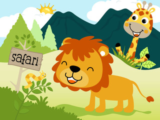 funny animals cartoon in jungle. Lion, giraffe, Caterpillar playing together on landscape background