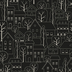 Seamless city themed pattern with houses and trees. Can be used for wallpapers, print, textile, background