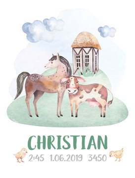 Farms animal set. Cute domestic farm pets watercolor illustration. horse. goose. pig. goat. chicken. sheep. cow