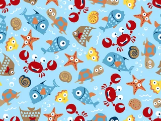 Behang Zeedieren naadloze patroon van zeedieren tekenfilm, krab, vis, zeester, schaaldieren, schildpad.