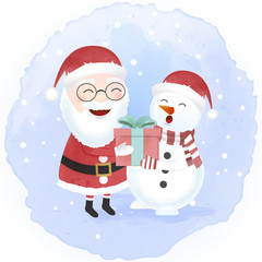Santa and Snowman holding gift box cartoon hand drawn. Christmas background
