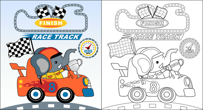 vector cartoon of cute elephant the car racing winner with a trophy, coloring book or page