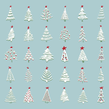 Modern sketch set with trendy stylized christmas tree Isolated on background for winter holiday decoration design. Snowy forest. Vintage style, flat color Abstract concept graphic