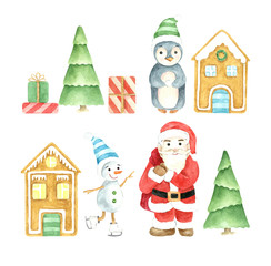 Christmas winter illustration set. Santa Claus with presents, penguin, skating snowman, gingerbread houses and Christmas trees. Cartoon character. Watercolor illustration. Isolated object.