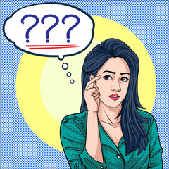 Women think about solving various problems Answer a question Illustration vector On pop art comics style Abstract dot colorful background