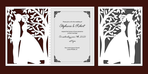 Laser cut template of wedding invitation with bride, groom. Card with openwork vector silhouette of tree with branches, leaves. Couple in love in lace decor panel. Faces in profile at Valentine's day. - obrazy, fototapety, plakaty