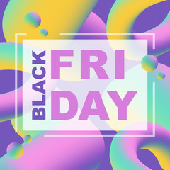 Black friday banner template with text. Fluid gradients and abstract 3d shapes. Total sale and discounts. Special offer, business theme. Trendy illustration