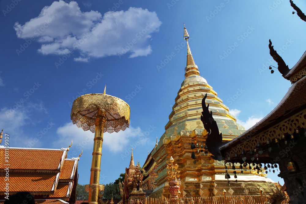 Wall mural wat phra that doi suthep ratchaworawihan, in the daytime clear sky, is a famous and popular place fo