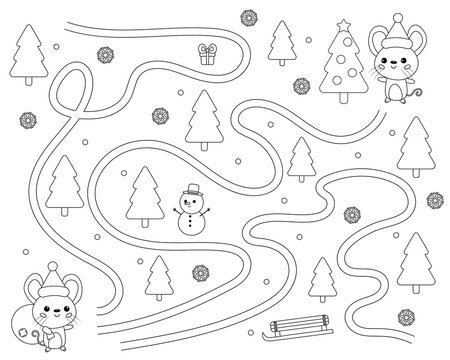 Coloring page for preschool kids. Maze game. Help the cute kawaii mouse find right way to his friend. Chinese New Year symbol - rat.