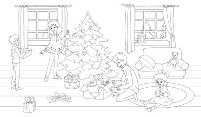 Dad and daughter unpack a box with tree toys. Mother and son decorate the Christmas tree. Family is getting ready for a New Year. White and black vector illustrations for coloring book.