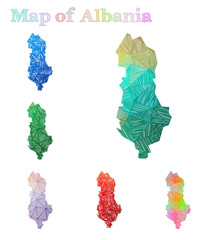 Hand-drawn map of Albania. Colorful country shape. Sketchy Albania maps collection. Vector illustration.