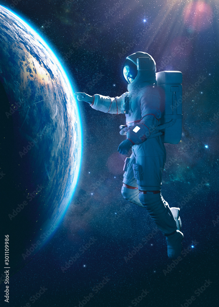 Wall mural astronaut in outer space touching the thin atmosphere of the earth - 3d rendering - concept art