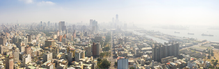 Aerial view of the smog over the city in the morning