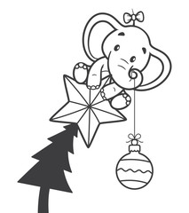 Vector Christmas theme. Funny Elephant sitting on Christmas tree with star. Holding bulb. Isolated on white background.