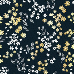 Cute hand drawn gold seamless pattern - ditsy meadow background, great for textiles, banners, wrapping, wallpaper - vector surface design