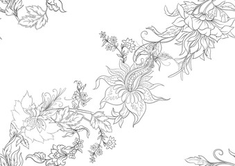 Fototapeta premium Fantasy flowers in retro, vintage, jacobean embroidery style. Seamless pattern, background. Outline hand drawing vector illustration..